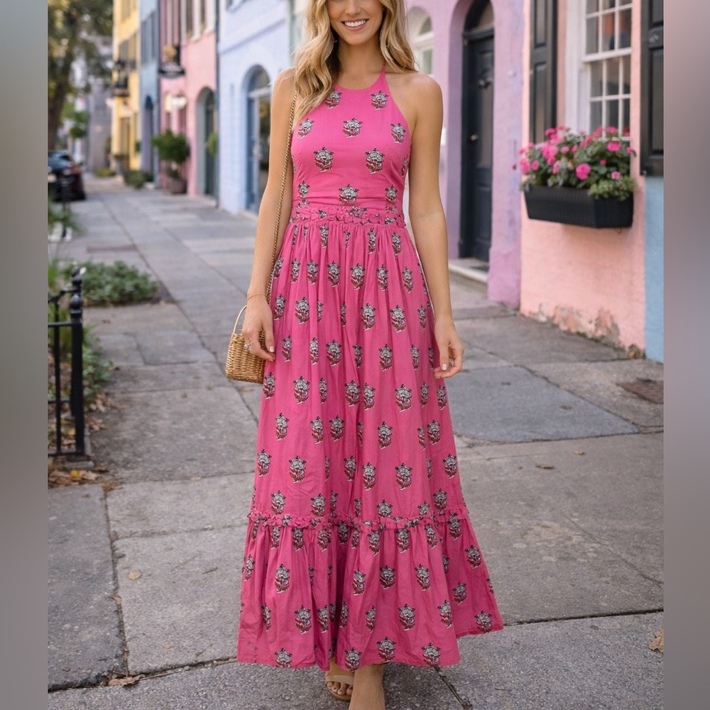 RHODE Salena Maxi Dress‎ in Marigold Flower Hot Pink Small